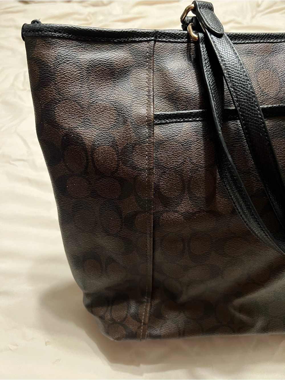 Coach Brown Signature Tote with Black Leather Straps - Picture 4 of 13